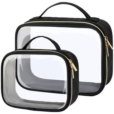 Borsa nera cosmetica del piccolo del neoprene di viaggio di stoccaggio di trucco della borsa del PVC articolo da toeletta in piedi trasparente su ordinazione della radura