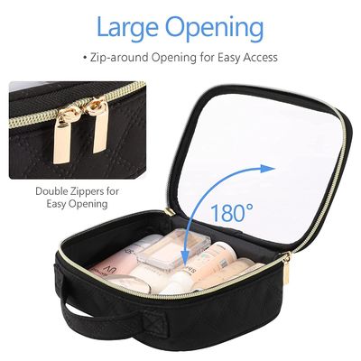Borsa nera cosmetica del piccolo del neoprene di viaggio di stoccaggio di trucco della borsa del PVC articolo da toeletta in piedi trasparente su ordinazione della radura