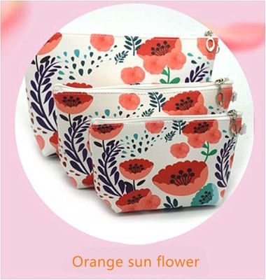 Cuoio cosmetico impermeabile dell'unità di elaborazione di grande capacità della borsa della borsa cosmetica di 3 PCS, bagno, stoccaggio (3 dimensioni) (fiore arancio del sole)